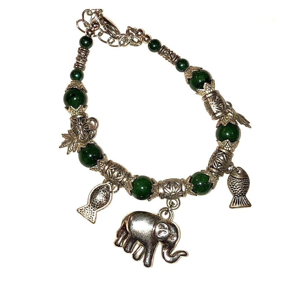 Silver and green elephant bracelet
